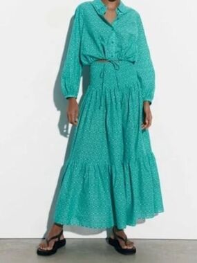 Zara Matching Patterned Set Maxi Skirt And Crop Top Button Up